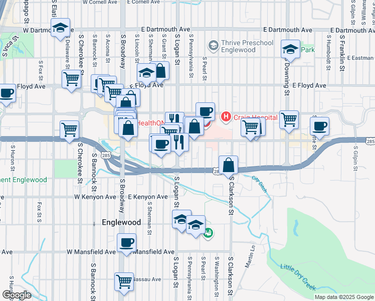 map of restaurants, bars, coffee shops, grocery stores, and more near 3531 South Pennsylvania Street in Englewood