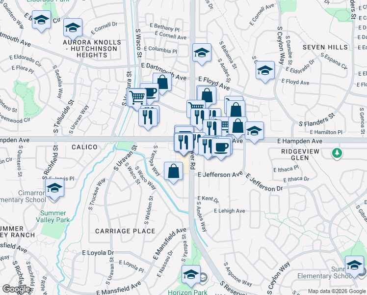 map of restaurants, bars, coffee shops, grocery stores, and more near 3510 South Zeno Court in Aurora