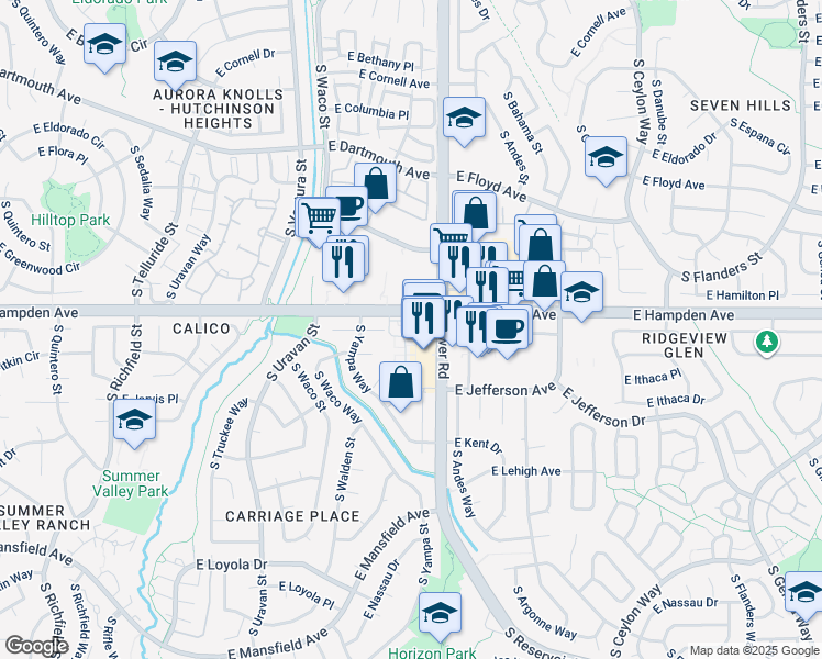 map of restaurants, bars, coffee shops, grocery stores, and more near 3510 South Zeno Court in Aurora