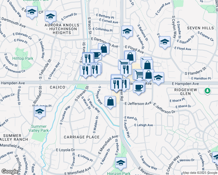 map of restaurants, bars, coffee shops, grocery stores, and more near 18331 East Hampden Place in Aurora