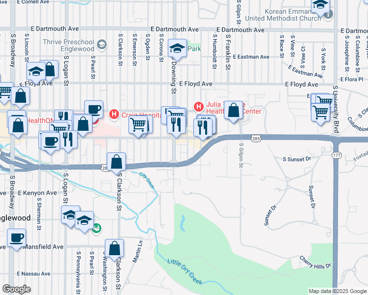 map of restaurants, bars, coffee shops, grocery stores, and more near 3540 South Downing Street in Englewood