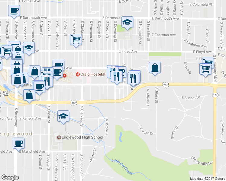 map of restaurants, bars, coffee shops, grocery stores, and more near 3530 South Corona Street in Englewood
