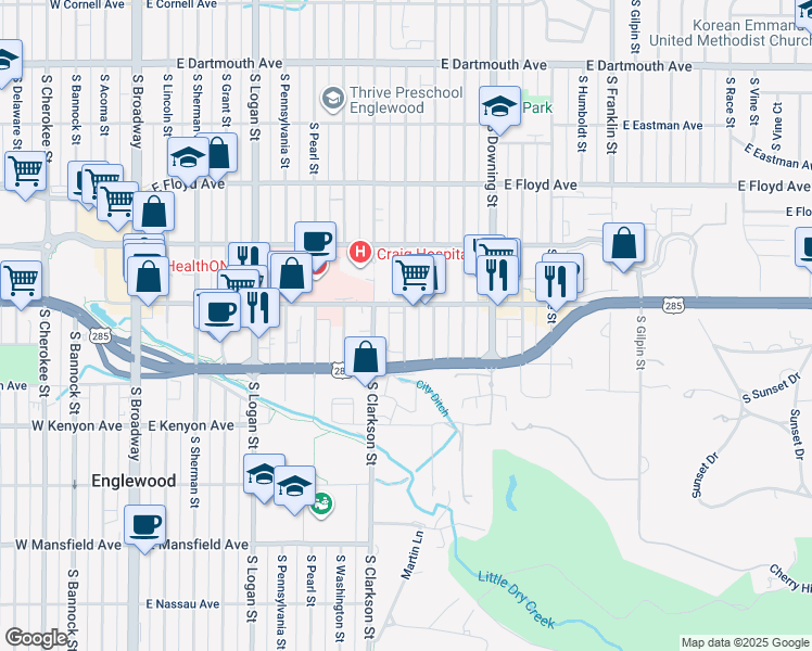 map of restaurants, bars, coffee shops, grocery stores, and more near 3533 South Emerson Street in Englewood