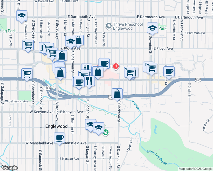 map of restaurants, bars, coffee shops, grocery stores, and more near 3540 South Pearl Street in Englewood