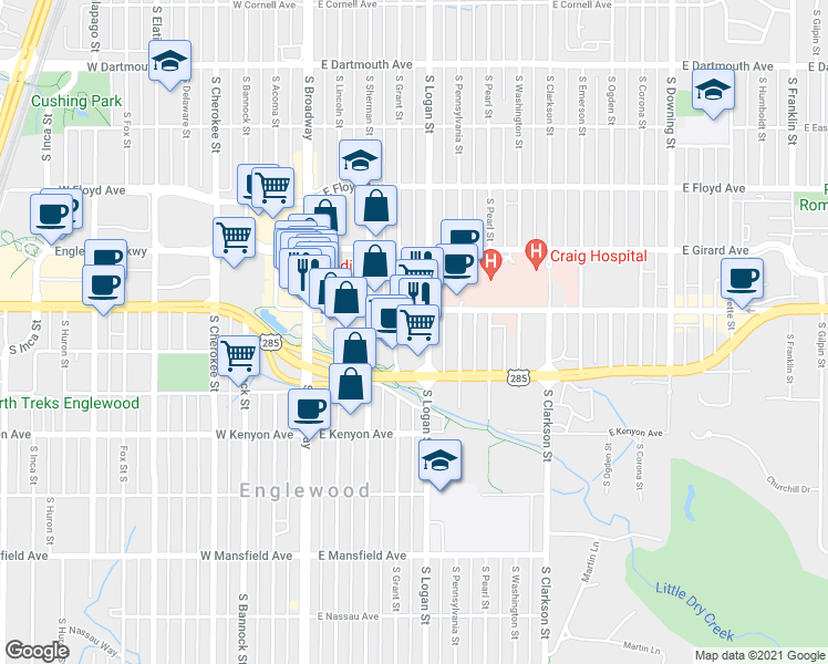map of restaurants, bars, coffee shops, grocery stores, and more near 3531 South Logan Street in Englewood