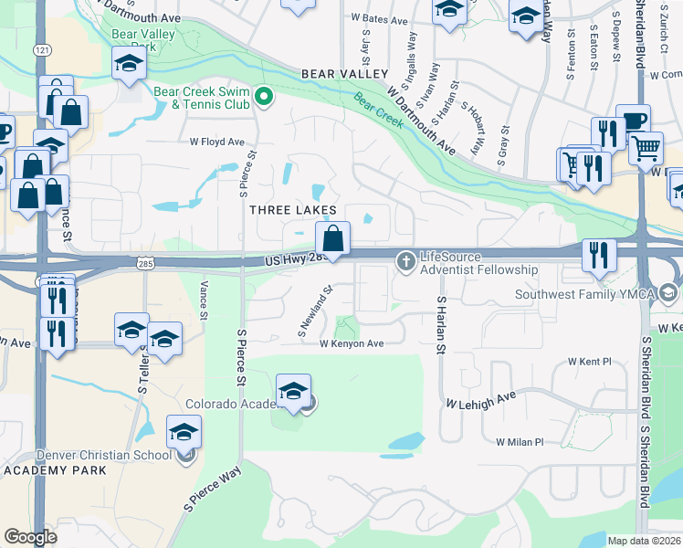 map of restaurants, bars, coffee shops, grocery stores, and more near 6500 West Hampden Avenue in Lakewood