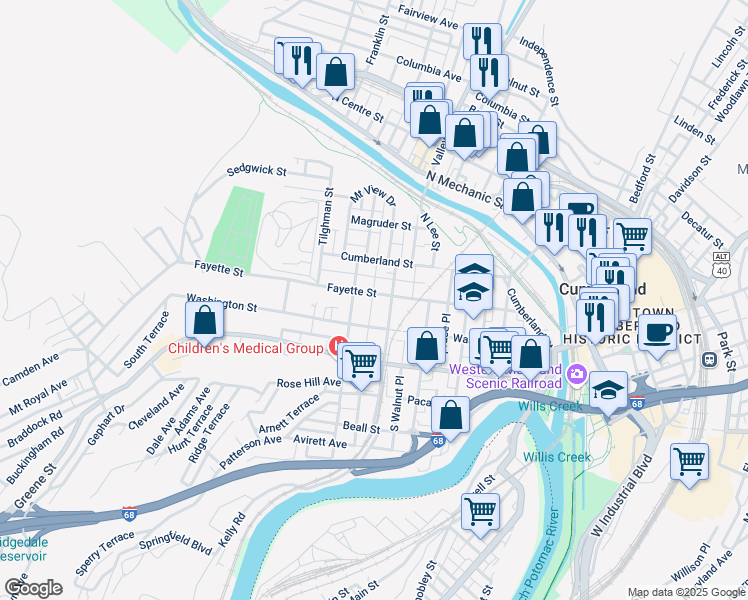 map of restaurants, bars, coffee shops, grocery stores, and more near 418 Fayette Street in Cumberland