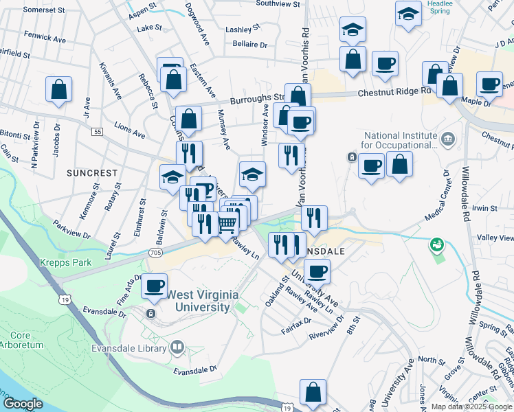 map of restaurants, bars, coffee shops, grocery stores, and more near 440 Drummond Street in Morgantown