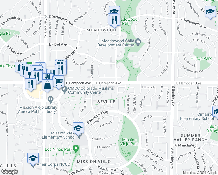 map of restaurants, bars, coffee shops, grocery stores, and more near 16035a East Ithaca Place in Aurora