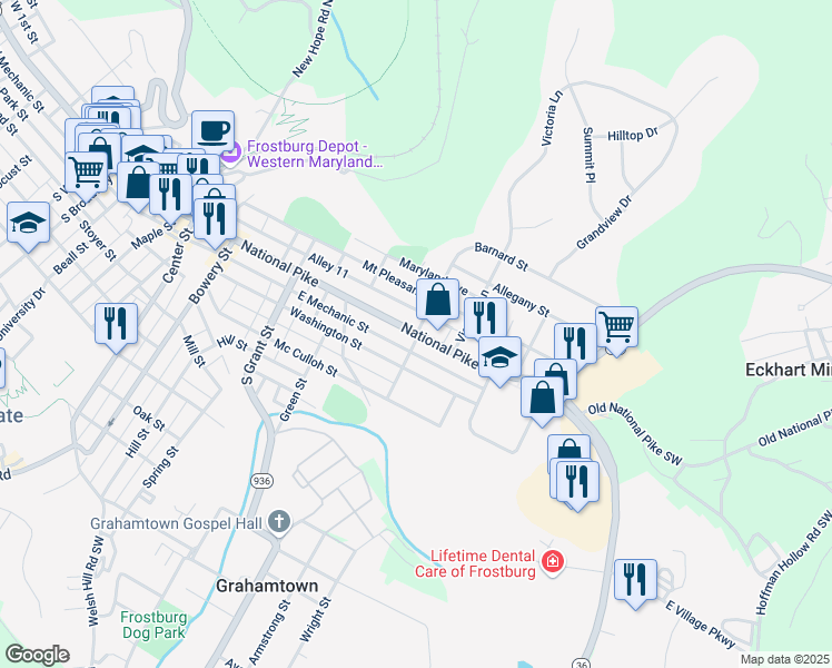 map of restaurants, bars, coffee shops, grocery stores, and more near Maryland 36 in Frostburg