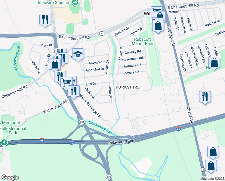 map of restaurants, bars, coffee shops, grocery stores, and more near 8 Anita Drive in Newark