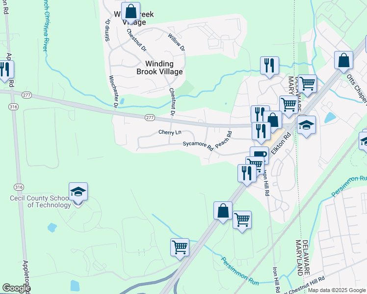 map of restaurants, bars, coffee shops, grocery stores, and more near 251 Sycamore Road in Elkton