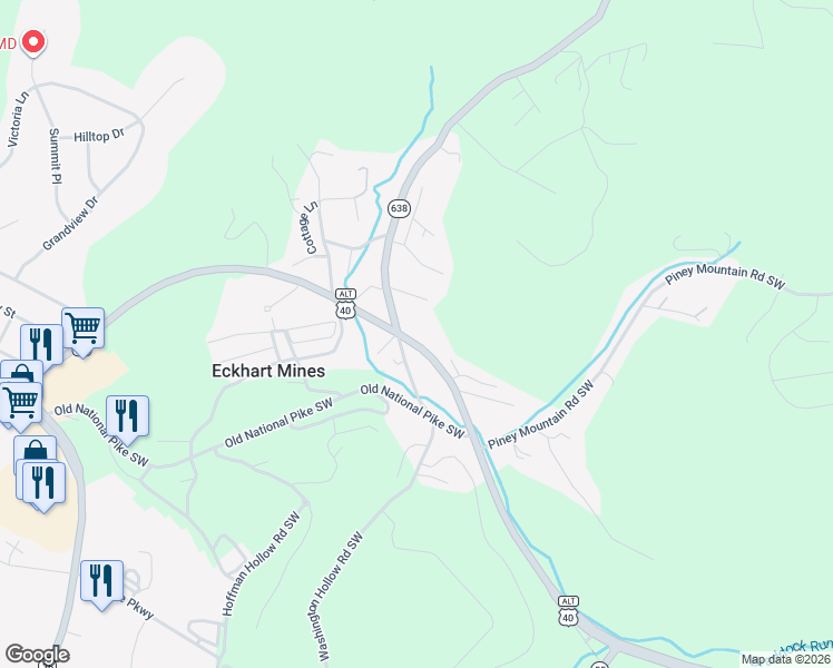 map of restaurants, bars, coffee shops, grocery stores, and more near 16725 National Highway Southwest in Frostburg