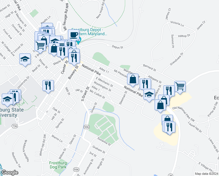 map of restaurants, bars, coffee shops, grocery stores, and more near 114 Washington Street in Frostburg
