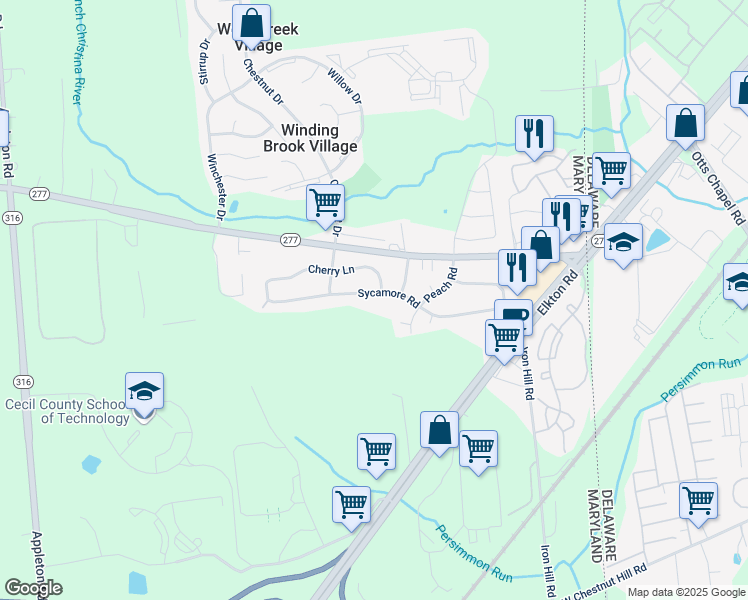 map of restaurants, bars, coffee shops, grocery stores, and more near 251 Sycamore Road in Elkton