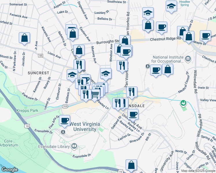 map of restaurants, bars, coffee shops, grocery stores, and more near 440 Drummond Street in Morgantown