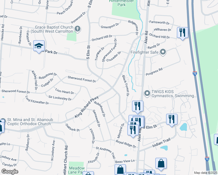 map of restaurants, bars, coffee shops, grocery stores, and more near 1401 King Richard Parkway in Dayton