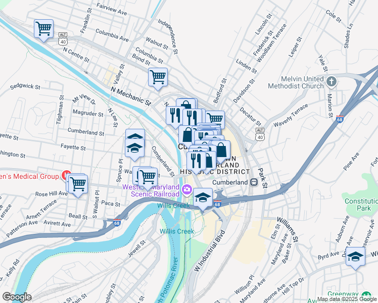 map of restaurants, bars, coffee shops, grocery stores, and more near 2 Frederick Street in Cumberland
