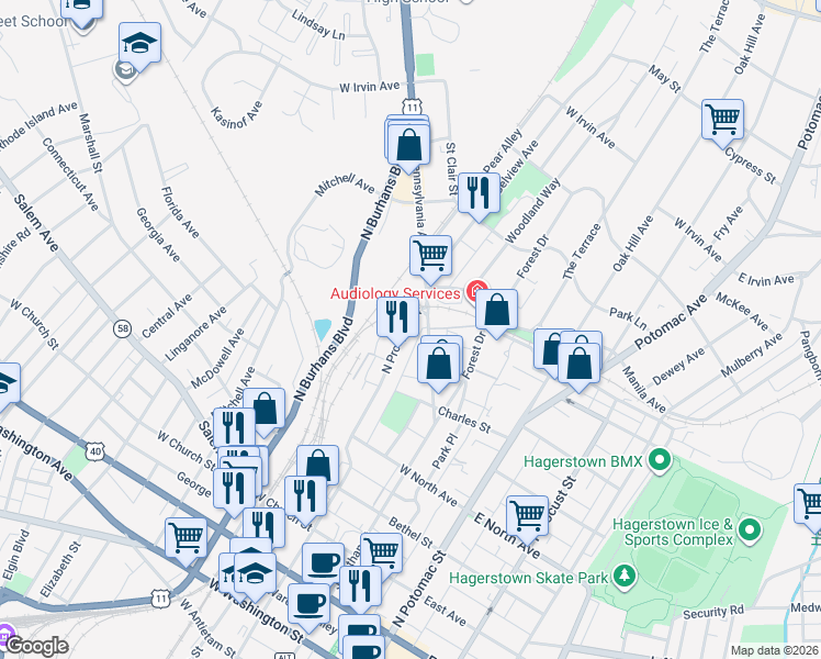 map of restaurants, bars, coffee shops, grocery stores, and more near 666 North Prospect Street in Hagerstown