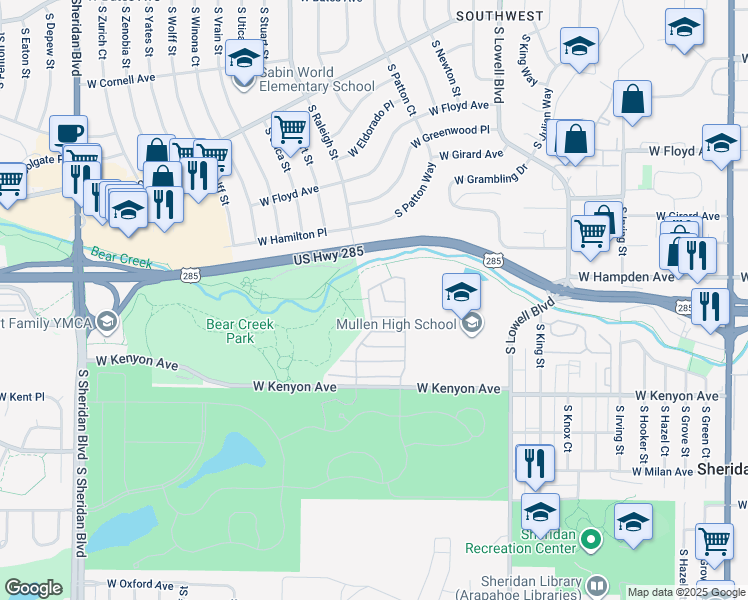 map of restaurants, bars, coffee shops, grocery stores, and more near 4275 West Kenyon Avenue in Denver