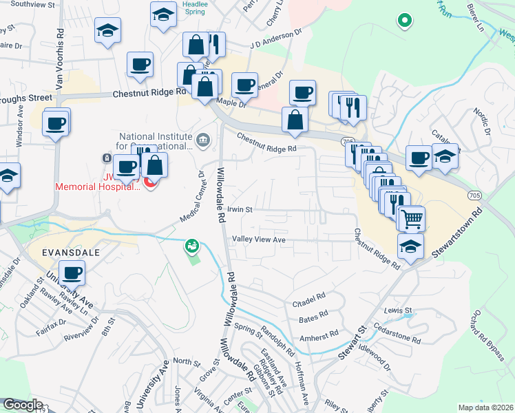map of restaurants, bars, coffee shops, grocery stores, and more near 987 Irwin Street in Morgantown