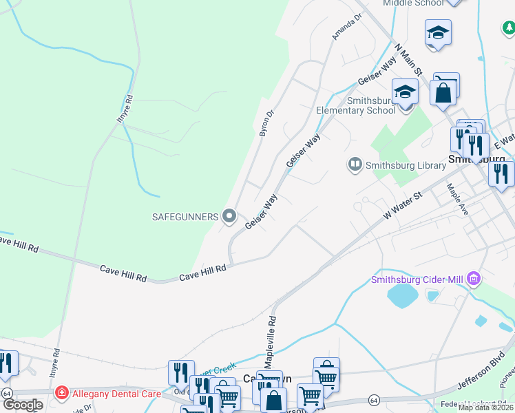 map of restaurants, bars, coffee shops, grocery stores, and more near 97 Amanda Drive in Smithsburg