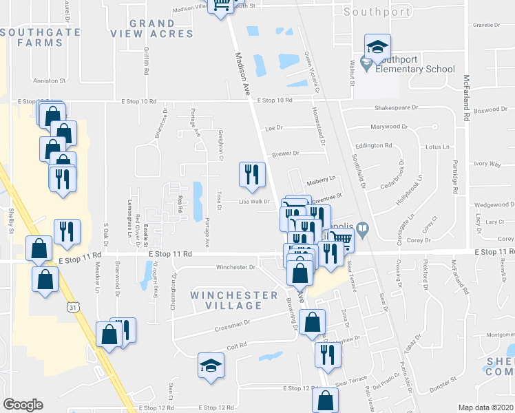 map of restaurants, bars, coffee shops, grocery stores, and more near 2023 Lisa Walk Drive in Indianapolis