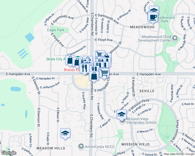 map of restaurants, bars, coffee shops, grocery stores, and more near 15340 East Hampden Avenue in Aurora