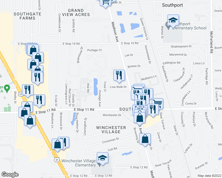 map of restaurants, bars, coffee shops, grocery stores, and more near 1929 Lisa Walk Drive in Indianapolis