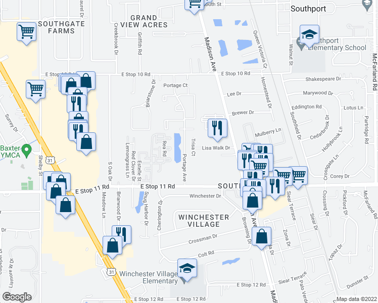 map of restaurants, bars, coffee shops, grocery stores, and more near 7816 Trisa Court in Indianapolis