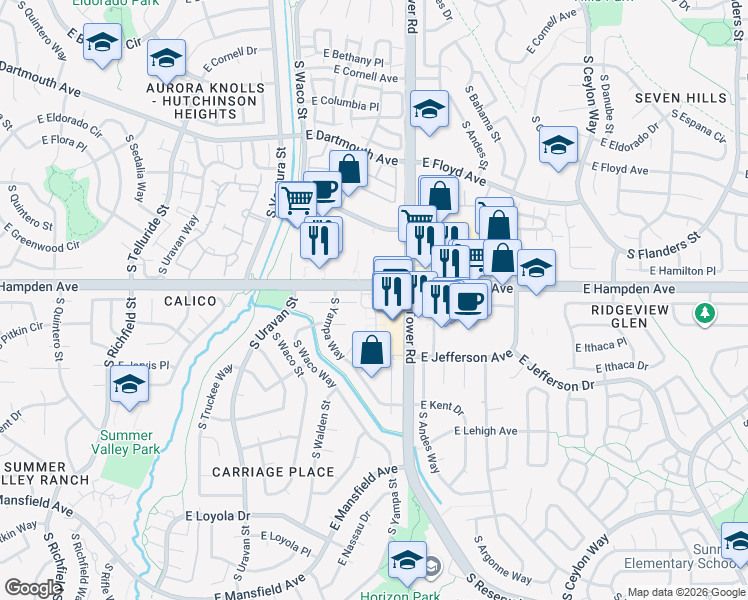 map of restaurants, bars, coffee shops, grocery stores, and more near 3504 South Zeno Way in Aurora
