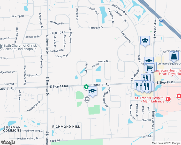 map of restaurants, bars, coffee shops, grocery stores, and more near 7846 Valley Trace Lane in Indianapolis
