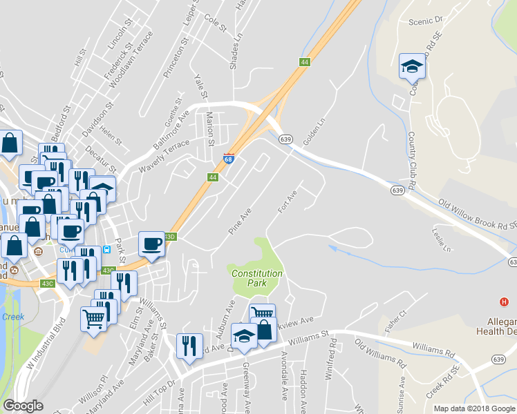 map of restaurants, bars, coffee shops, grocery stores, and more near 451 Pine Ave in Cumberland