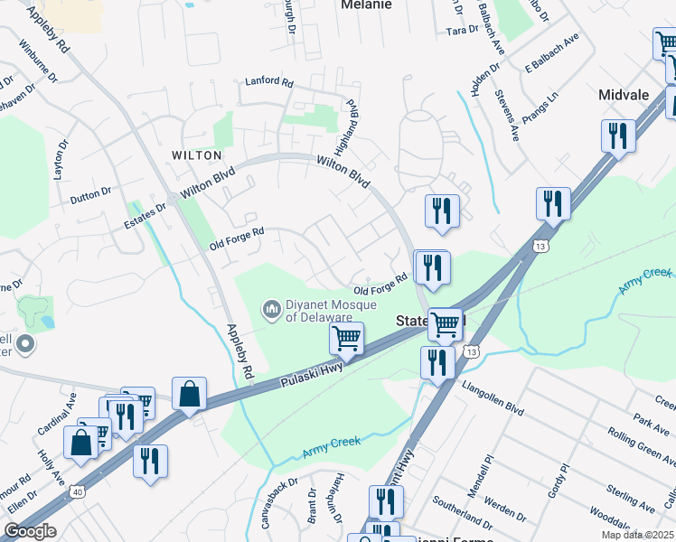 map of restaurants, bars, coffee shops, grocery stores, and more near 1 Marlborough Court in New Castle