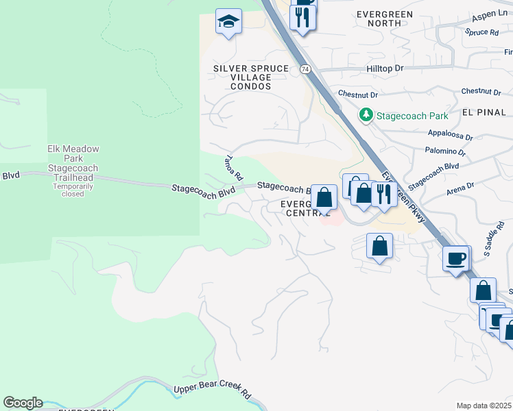 map of restaurants, bars, coffee shops, grocery stores, and more near 31286 Silverleaf Oak in Evergreen