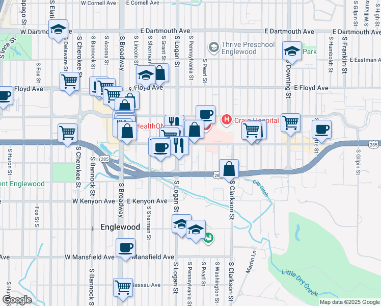 map of restaurants, bars, coffee shops, grocery stores, and more near 3531 South Pennsylvania Street in Englewood