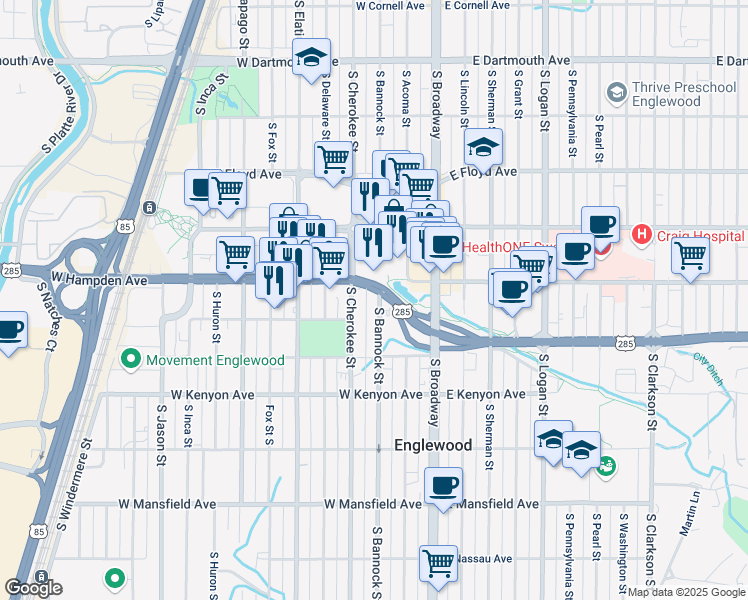 map of restaurants, bars, coffee shops, grocery stores, and more near 3536 South Cherokee Street in Englewood