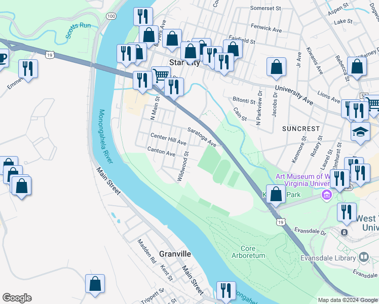 map of restaurants, bars, coffee shops, grocery stores, and more near 236 Wildwood Street in Morgantown