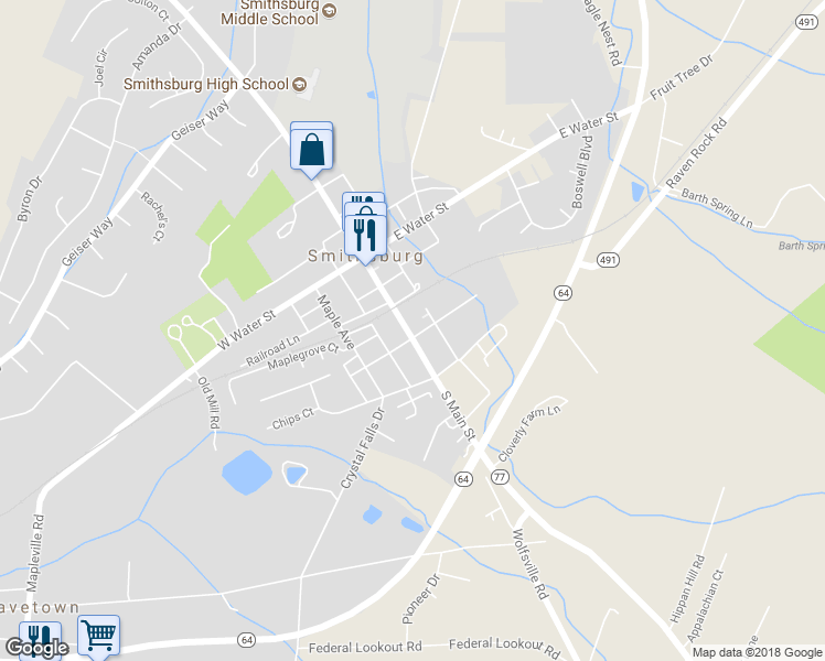 map of restaurants, bars, coffee shops, grocery stores, and more near 55 S Main St in Smithsburg