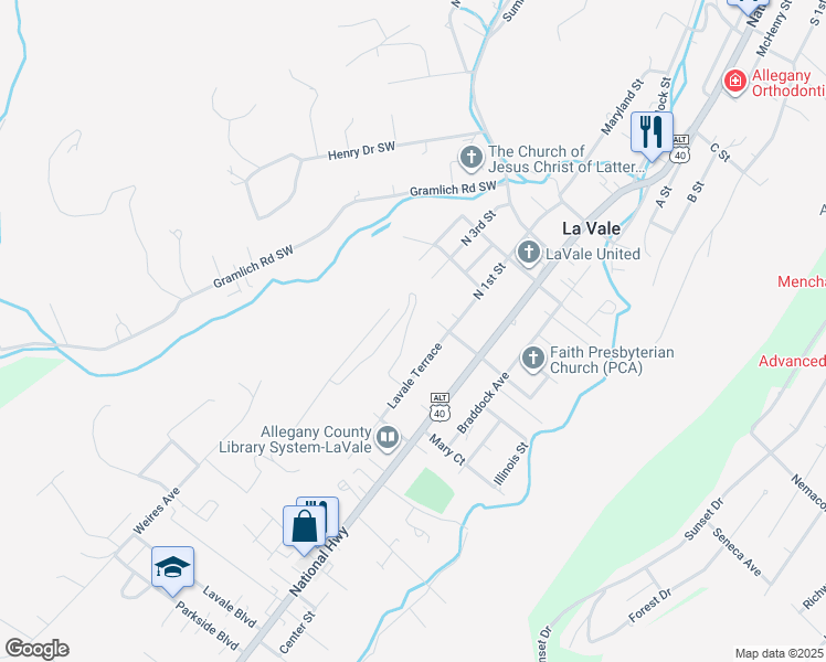 map of restaurants, bars, coffee shops, grocery stores, and more near 709 Lavale Terrace in La Vale