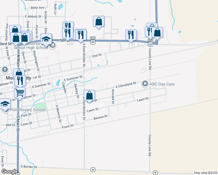 map of restaurants, bars, coffee shops, grocery stores, and more near 821 East Cleveland Street in Monroe City