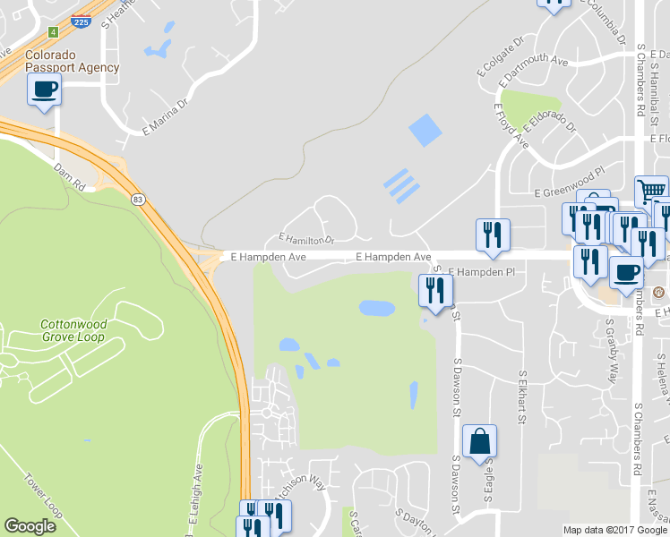 map of restaurants, bars, coffee shops, grocery stores, and more near 14064 East Hampden Place in Aurora