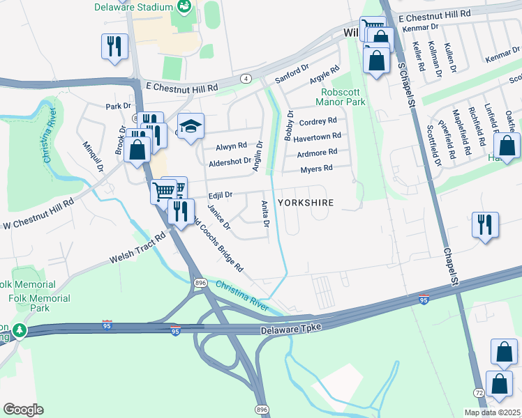 map of restaurants, bars, coffee shops, grocery stores, and more near 8 Anita Drive in Newark