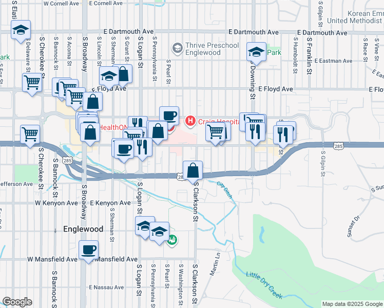 map of restaurants, bars, coffee shops, grocery stores, and more near 3540 South Washington Street in Englewood
