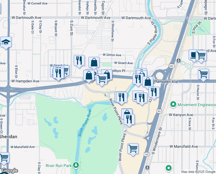 map of restaurants, bars, coffee shops, grocery stores, and more near 3535 South Platte River Drive in Englewood