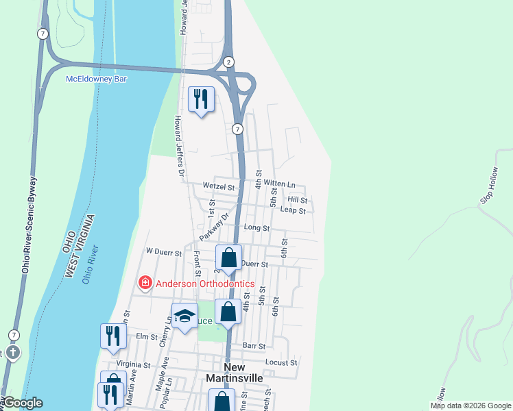map of restaurants, bars, coffee shops, grocery stores, and more near 328 Leap Street in New Martinsville