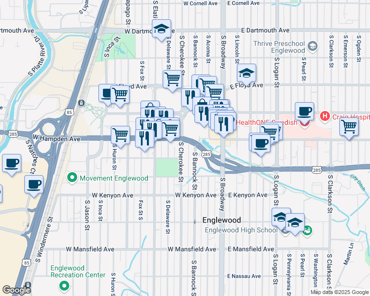 map of restaurants, bars, coffee shops, grocery stores, and more near 3536 South Cherokee Street in Englewood