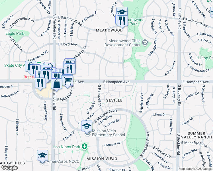 map of restaurants, bars, coffee shops, grocery stores, and more near 3511A South Kittredge Street in Aurora