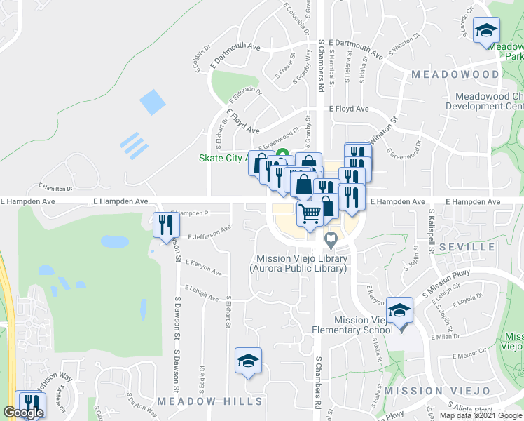 map of restaurants, bars, coffee shops, grocery stores, and more near 14934 East Hampden Circle in Aurora