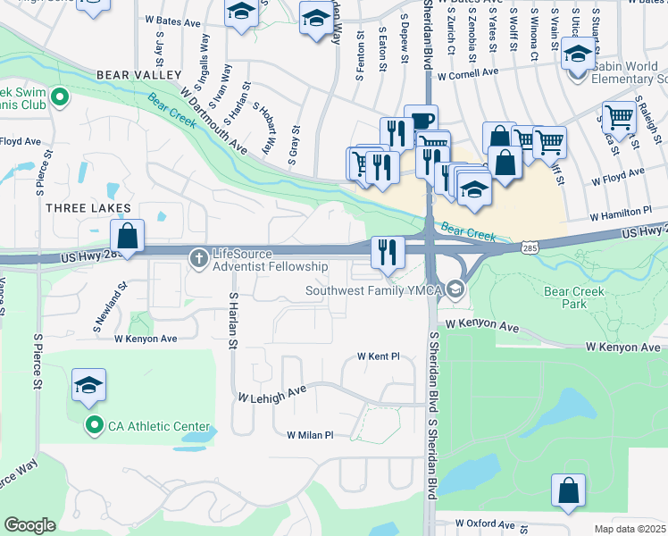 map of restaurants, bars, coffee shops, grocery stores, and more near 3506 South Depew Street in Lakewood